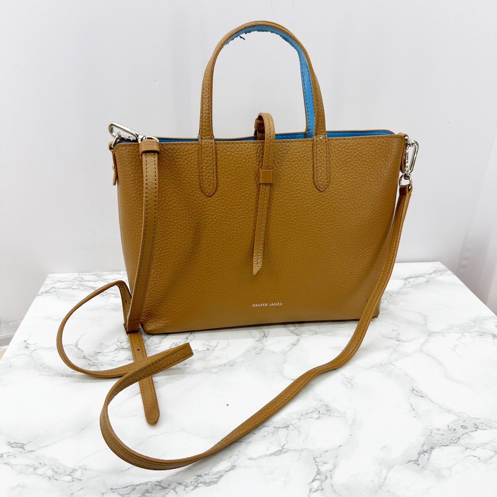 Draper James Reversible Mini Tote Bag Tan Brown Blue‎ Pebbled Leather Crossbody